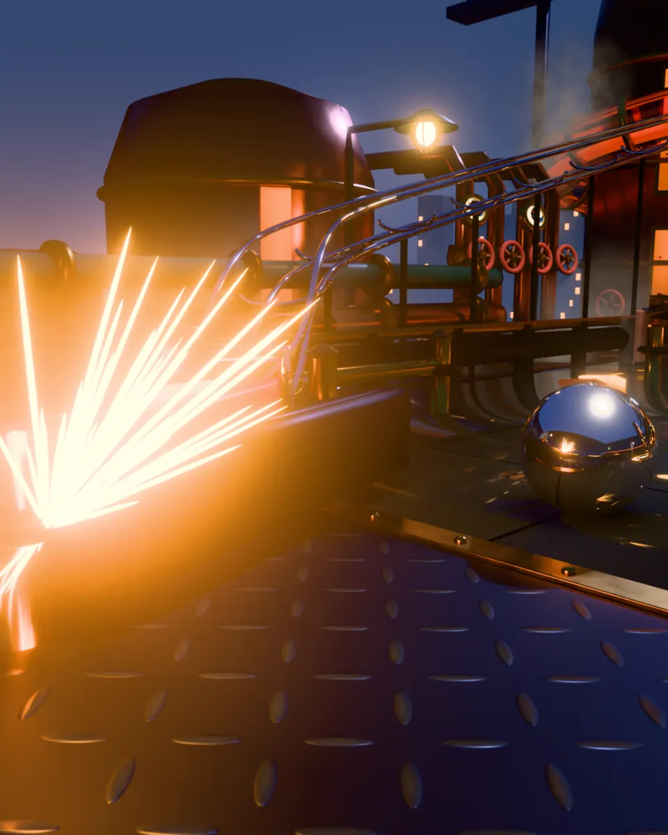 Close-up of a kicker arm firing beside the chrome ball, sparks flying off its hinge over the tread-plate floor.