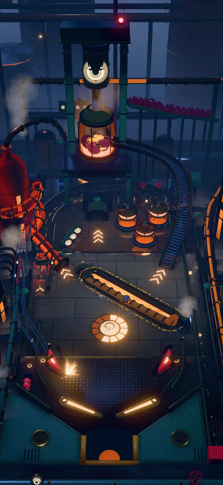 MARAJACU on a phone: the refinery table at night, brass flippers at the bottom, a glass channel of glowing juice, three juice vats, a glass helix round a copper still and the press at the top.
