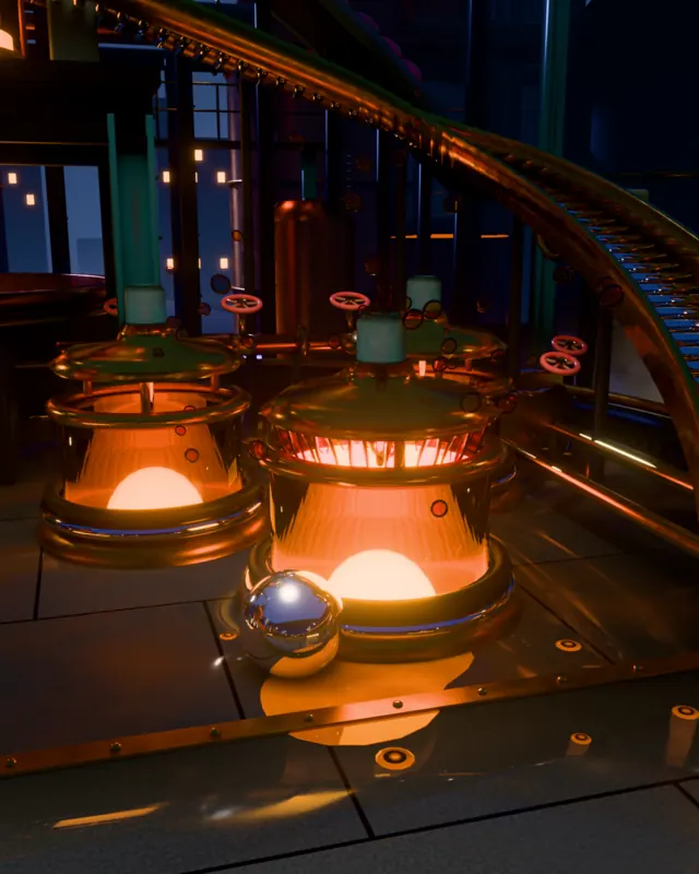 The ball strikes a vat of glowing juice.